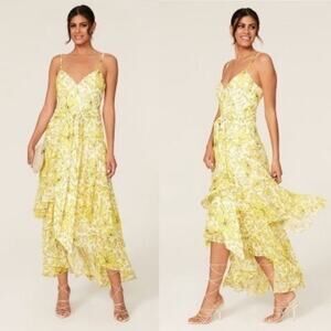 Badgley Mischka High Low Floral Print Tiered Ruffle Midi Maxi Dress Yellow Sz 10